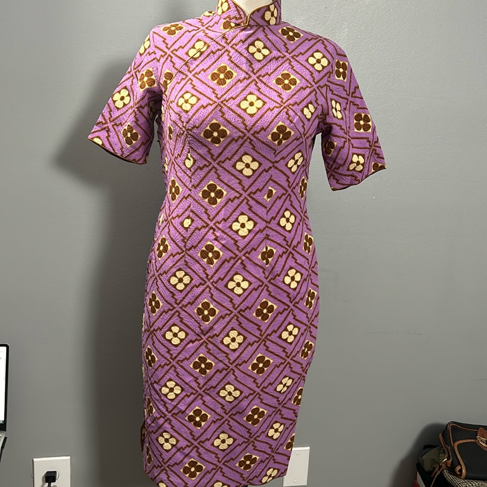 Custom Made Vintage Print 60s mandarin A-line purple dress